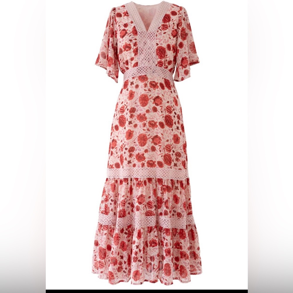 Chicwish dress RED FLORAL CROCHET FRILLING CHIFFON DRESS